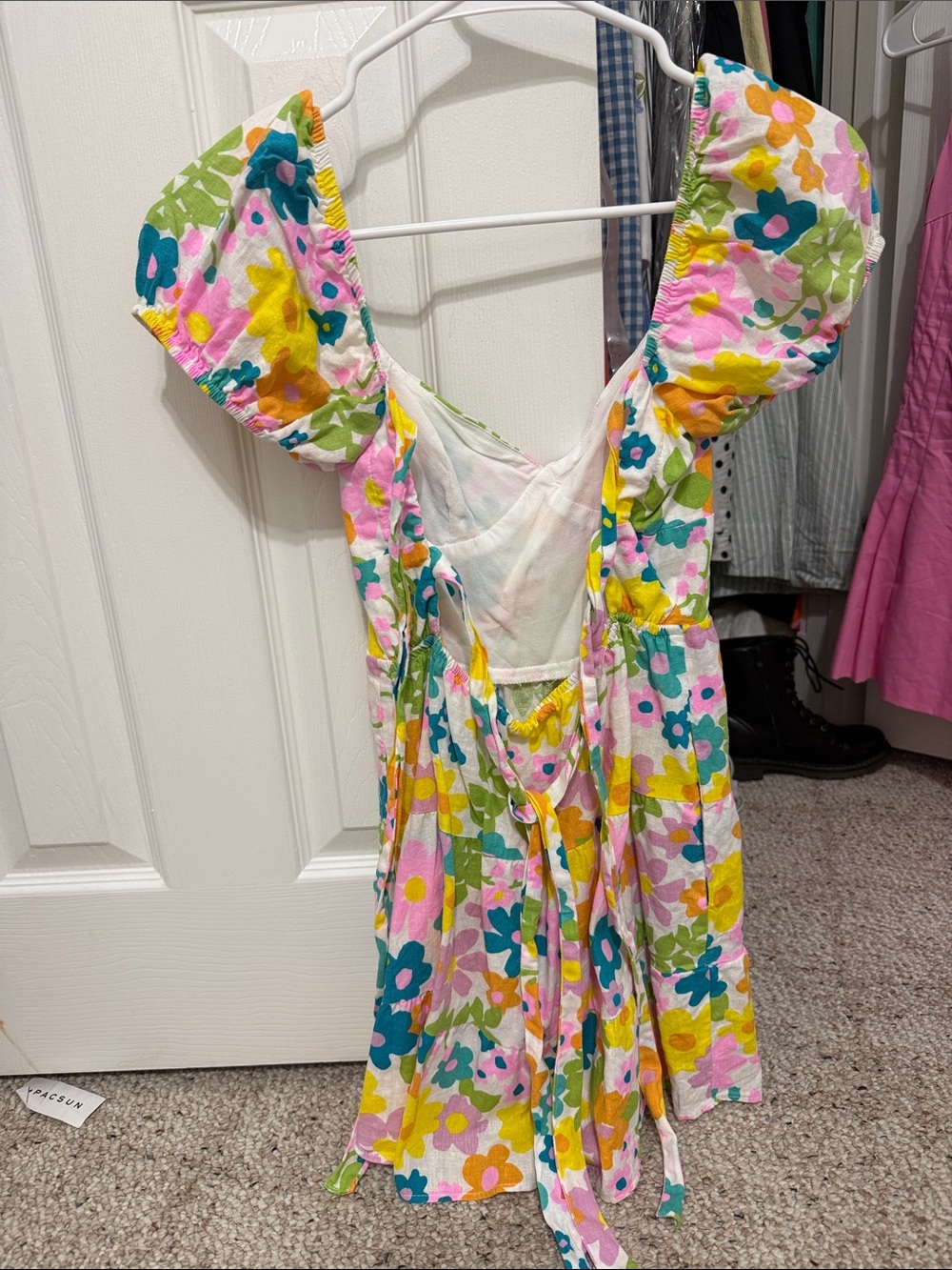 Floral Puff Sleeve V-Neck Mini Dress - Yellow Pink Green Blue - Picture 2 of 2